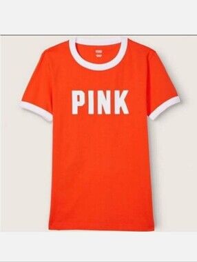 🔥PINK Victoria's Secret Bright Orange Ringer Tee with White Logo